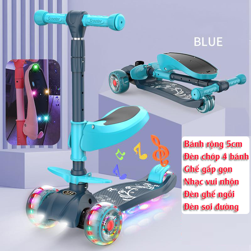 Xe scooter 3 bánh tự cân bằng, 3in1 có ghế gấp gọn, xe chòi chân thăng bằng , xe trượt 3 bánh có nhạc và đèn chiếu sáng (xanh)