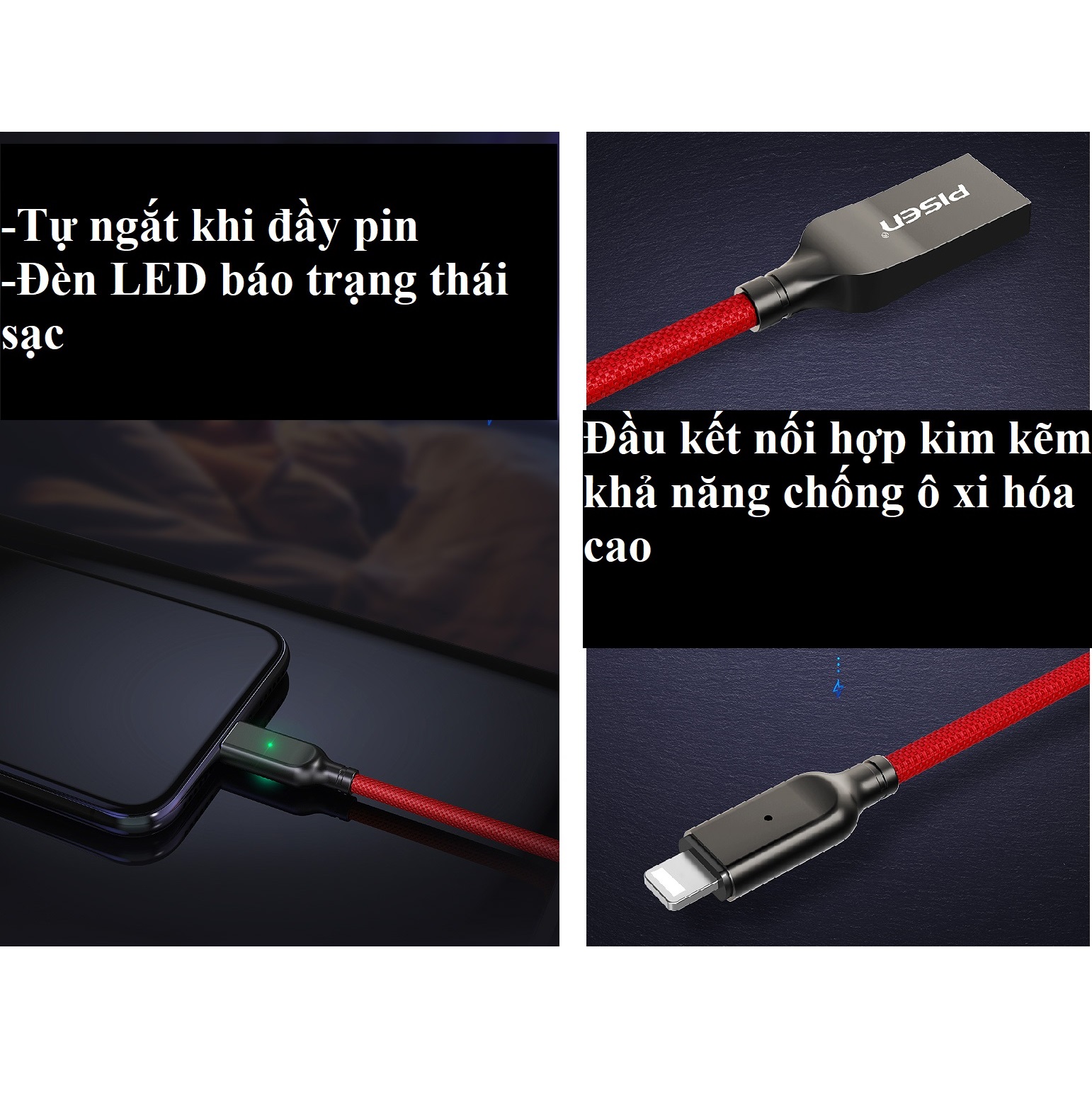 Cáp sạc iP 2.4A tự ngắt khi đầy Pisen AL26 _ Hàng chính hãng