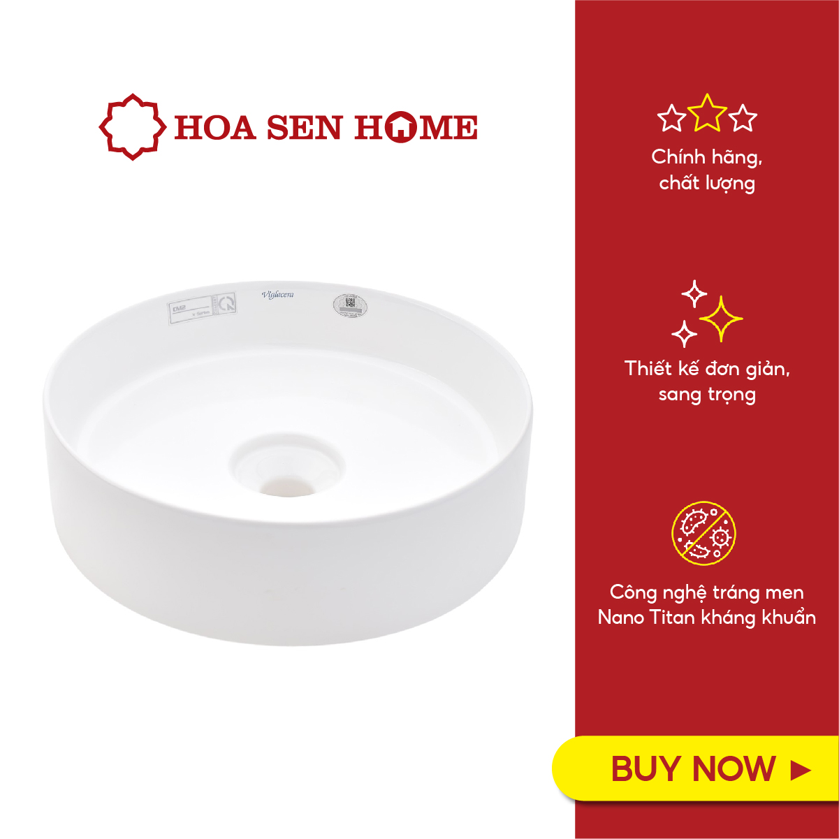 Lavabo đặt bàn Viglacera CM02 cao cấp, men sứ Nano sáng bóng, công nghệ Ý kháng khuẩn dễ vệ sinh - Hoa Sen Home - Hàng chính hãng