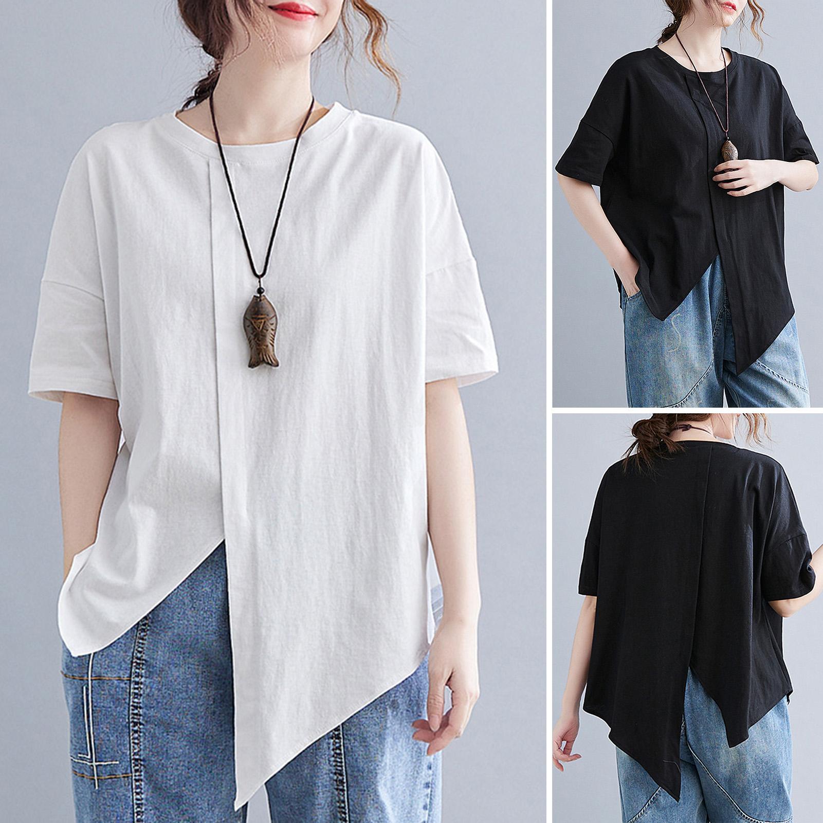 Fashion Women Solid Color T-shirt O Neck Short Sleeve Splicing Irregular Hem Loose Casual Shirt Top