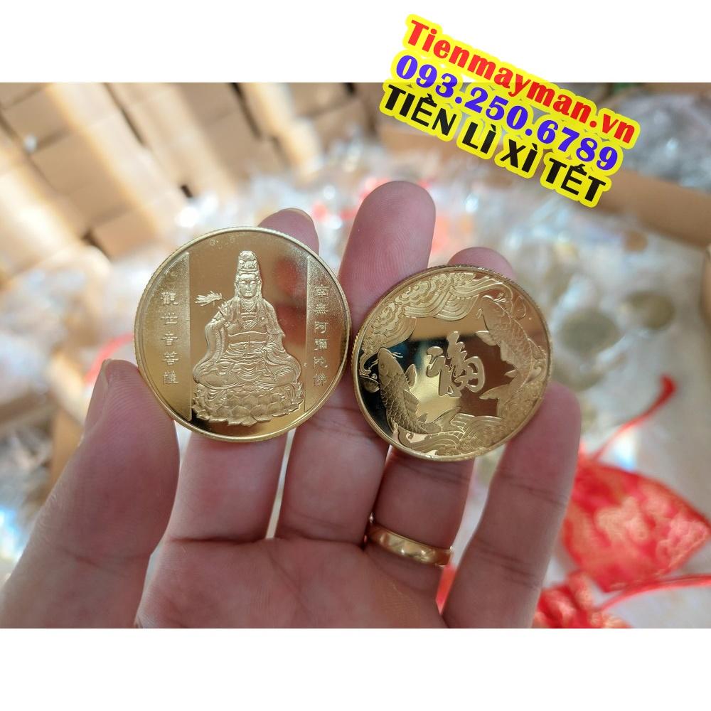 Đồng Xu Quan Âm Cá Chép Mạ Vàng Tài Lộc May Mắn Tặng Kèm Túi Gấm - PASA COLLECTION