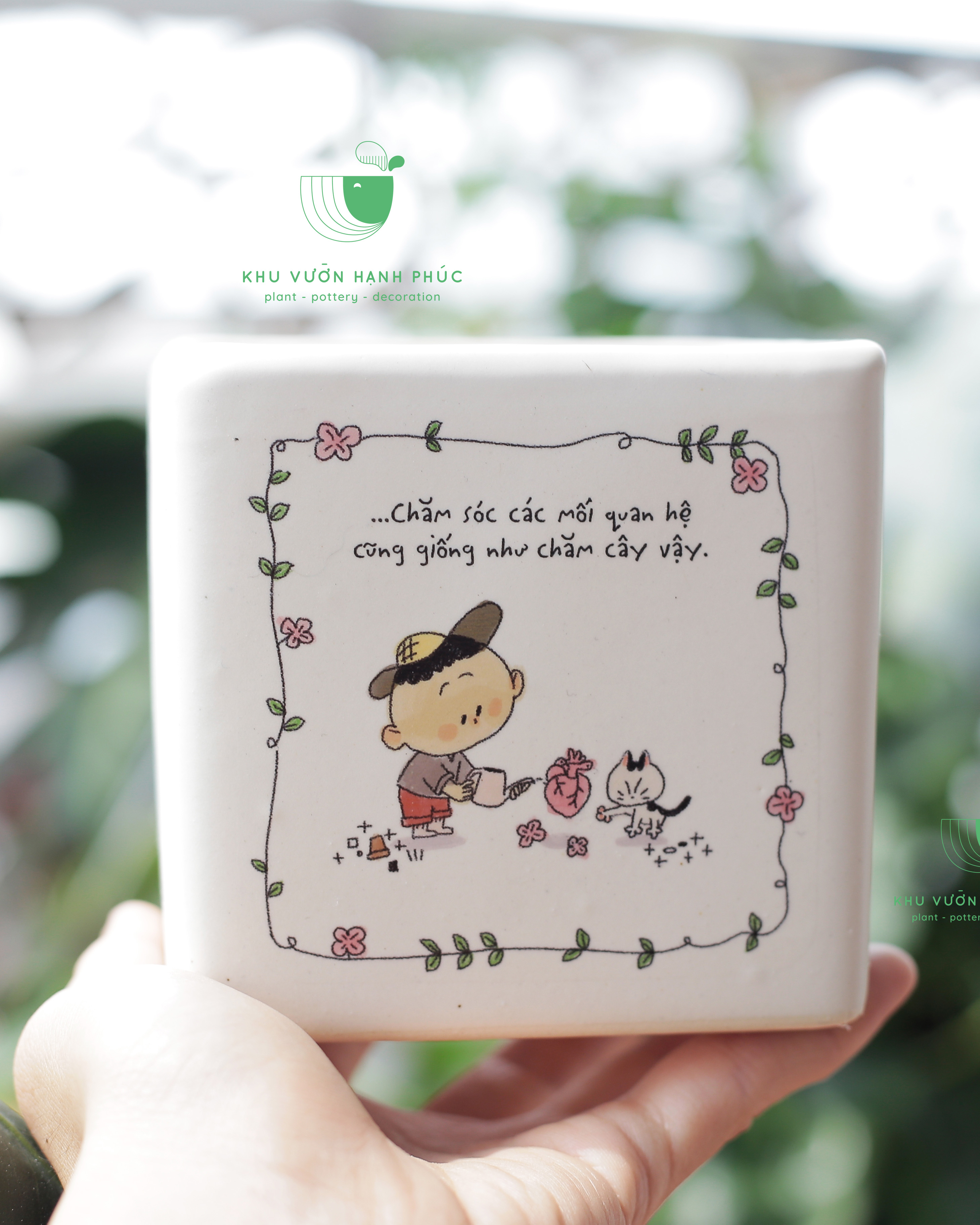 Chậu trồng cây decor để bàn men gốm in ảnh " Chuyện của Vườn" - Chậu trồng cây quà tặng- KVHP