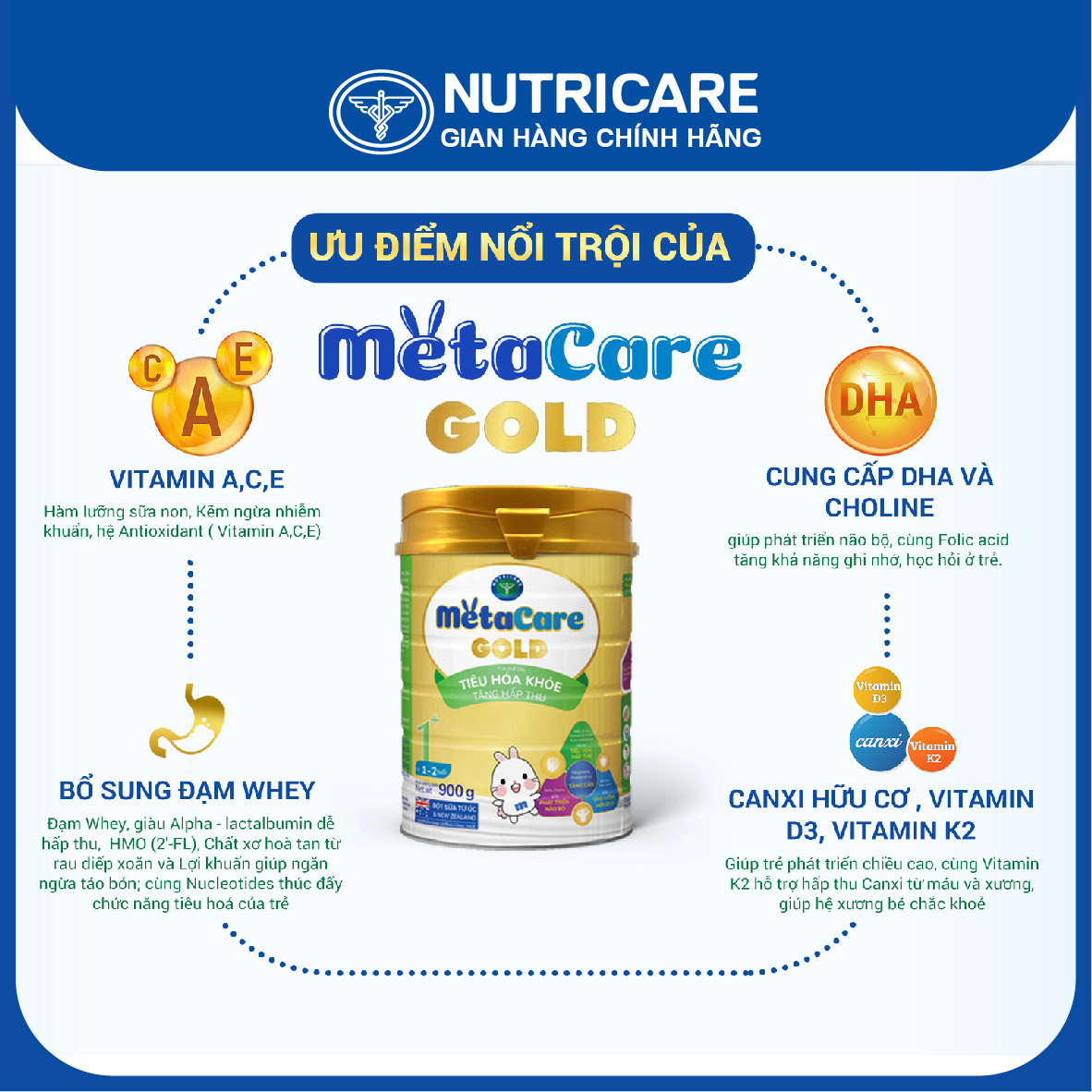 Sữa bột Nutricare MetaCare Gold 1+ tiêu hóa khỏe tăng hấp thu 900g
