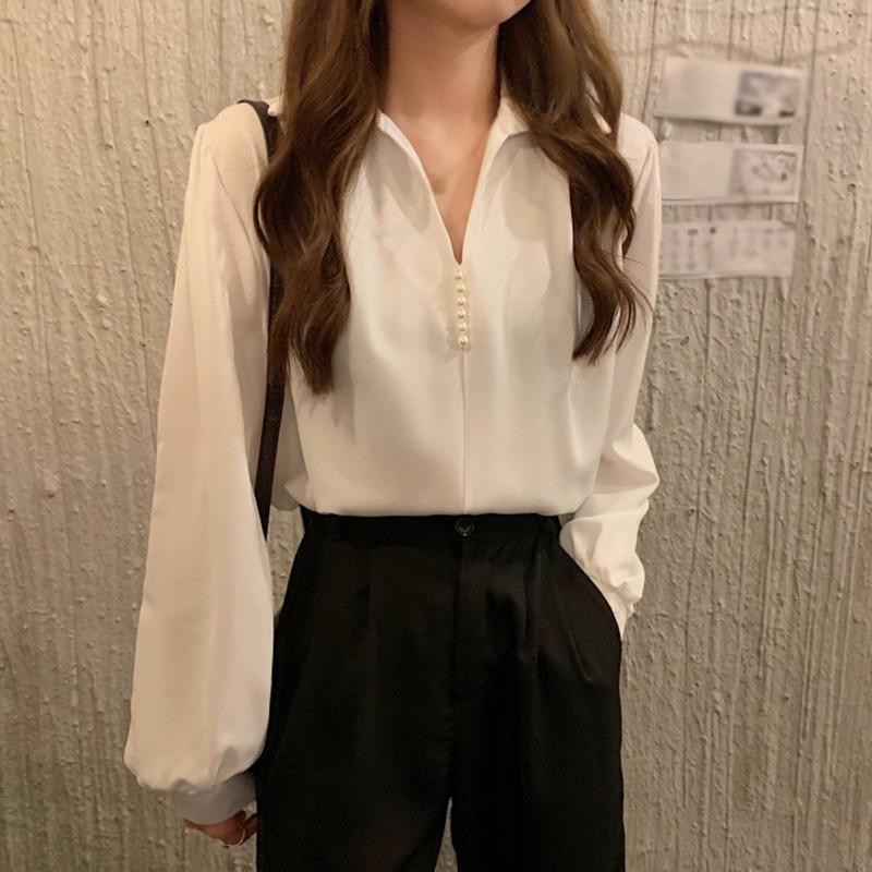 Áo Kiểu Tay Dài Cổ Chữ V Thiết Kế Màu Trơn Thanh Lịch Dành Cho Nữ