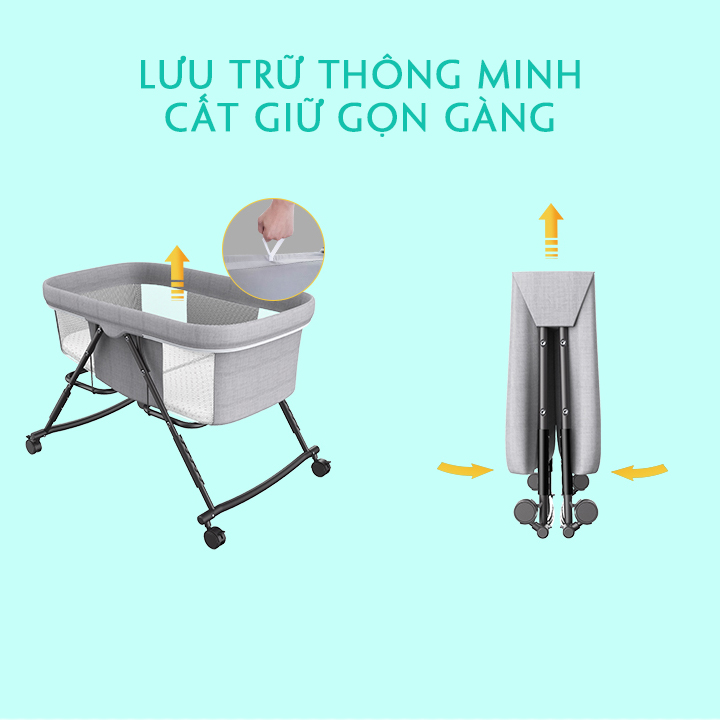 Nôi gấp gọn kèm màn, có bánh xe, gối, nệm. Nôi vải cao cấp cho bé từ sơ sinh tới 24 tháng