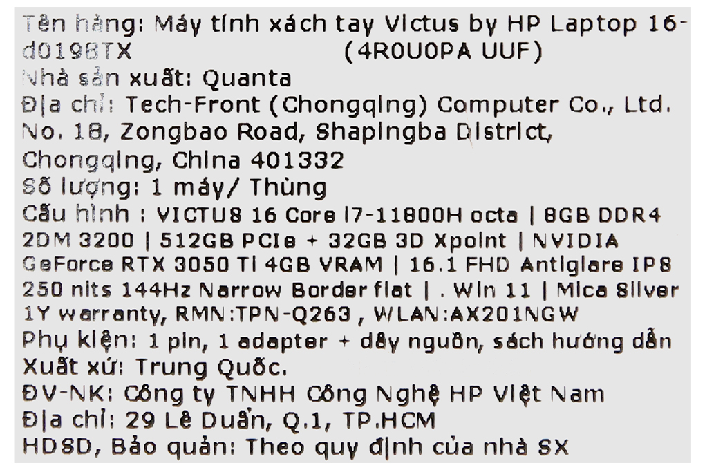 Laptop HP Gaming VICTUS 16 d0198TX i7 11800H/8GB/32GB+512GB/4GB RTX3050Ti/Win11 (4R0U0PA) - Hàng chính hãng