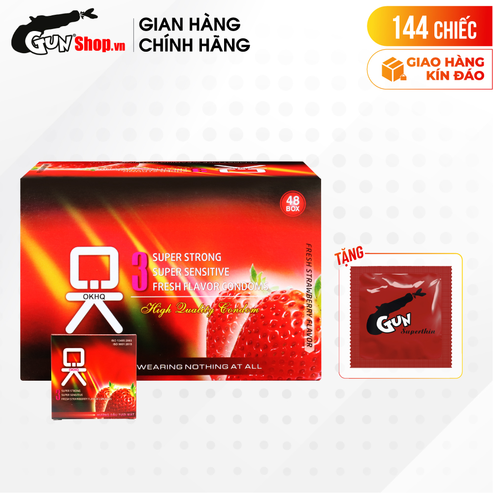 [Hộp 144 cái] Bao cao su OKHQ - Hương dâu kèm 1 chiếc BCS Gun Super Thin