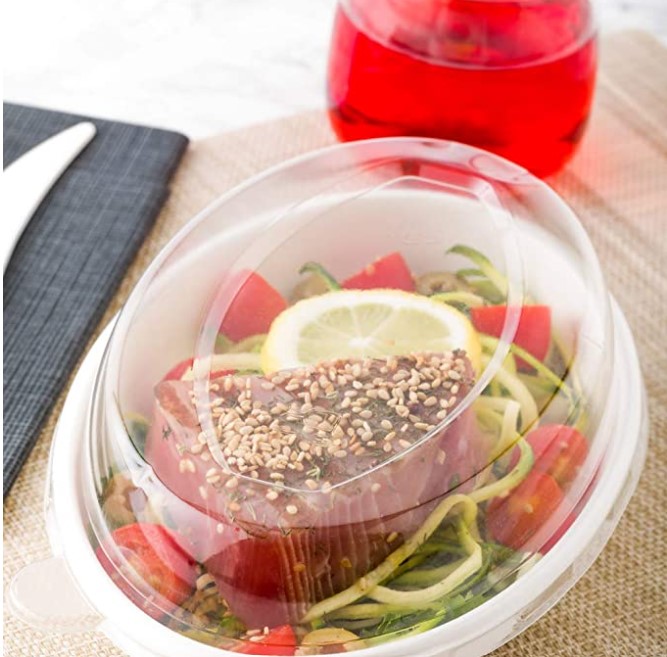 50 Dĩa giấy bã mía sâu 750ml hình Oval có kèm nắp, dùng được lò vi sóng,  chuyên đựng salad, sushi và các loại phần ăn TAKE-AWAY - Tô, chén, dĩa Nhãn