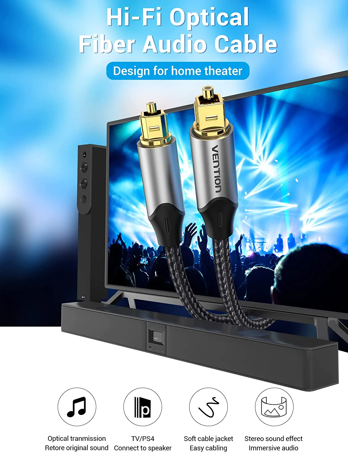 Cáp âm thanh Optical for Audio Cable dây dù đầu hợp kim chống oxi hóa Vention BAVHG -  Hàng chính hãng