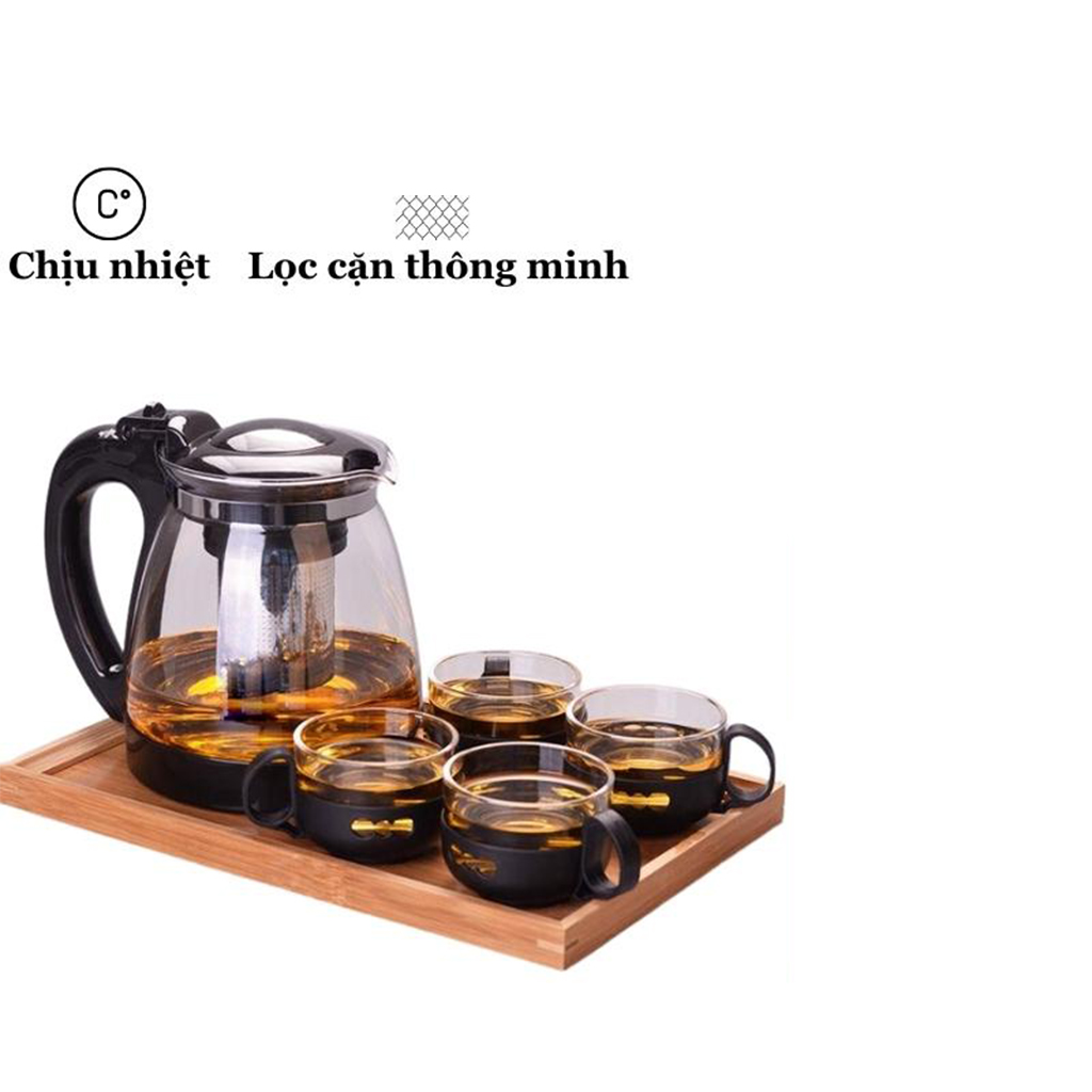 Bộ bình trà thủy tinh chịu nhiệt, bộ ấm chén có lưới lọc thông minh sang trọng tiện lợi