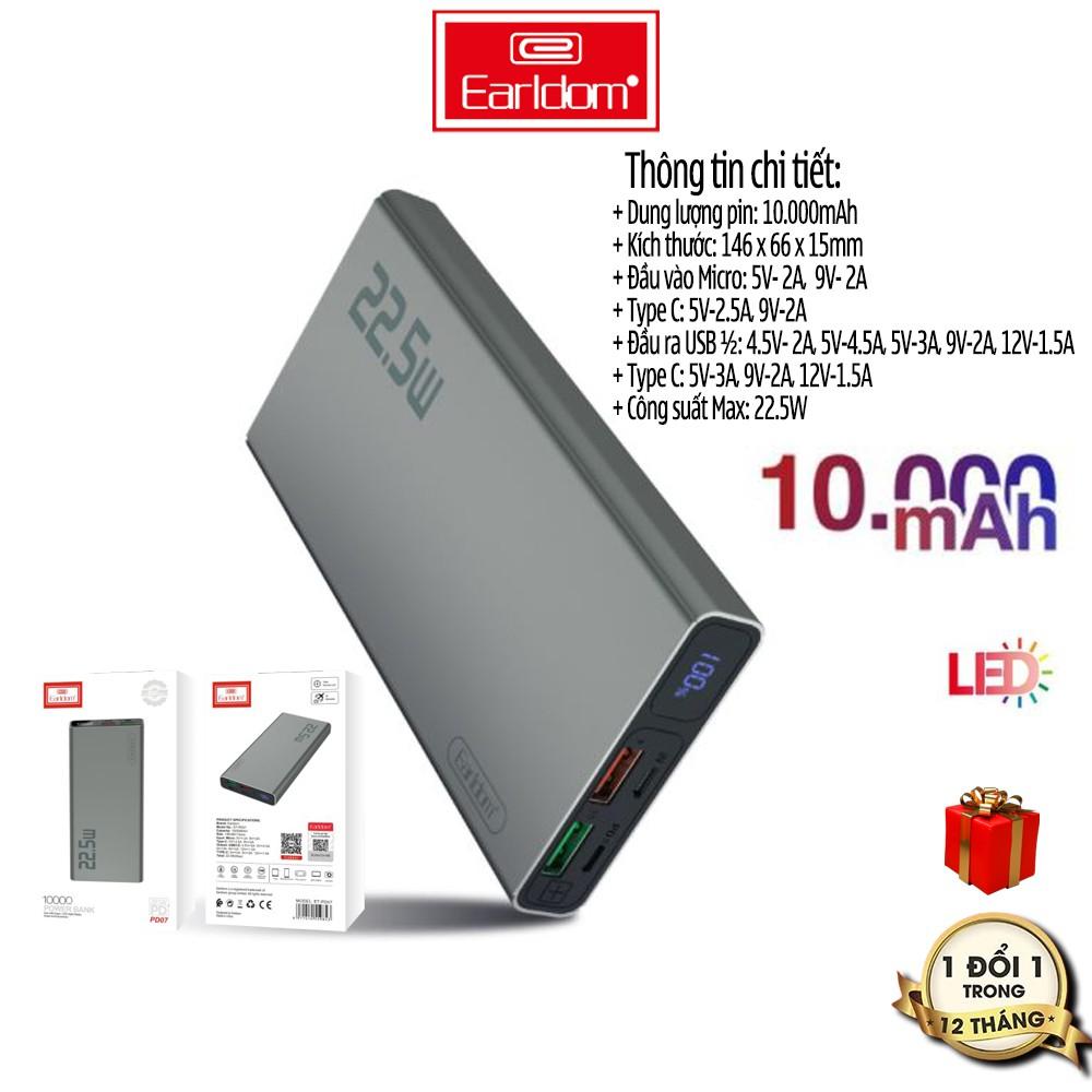 Sạc Dự Phòng 10.000mAh Earldom PD-07 Hỗ Trợ Công Nghệ Sạc Nhanh QC 3.0 Và Cổng Sạc PD, Tổng Công Suất 22.5W, Hàng Chính Hãng