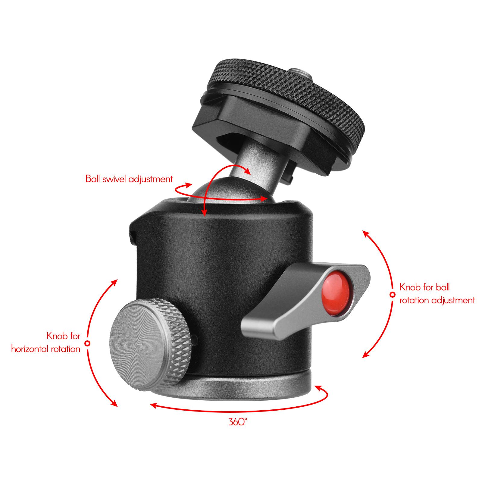 2-in-1 360° Rotatable Dual Use Ball Head Cold Shoe Mount Mini Ball Head with 1/4 Screw Extra Cold Shoe Mount