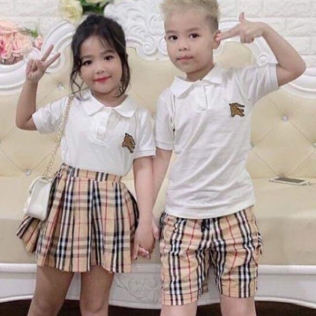 Sét áo cổ bẻ ngựa kèm quần /chân váy kẻ siêu hót cho bé