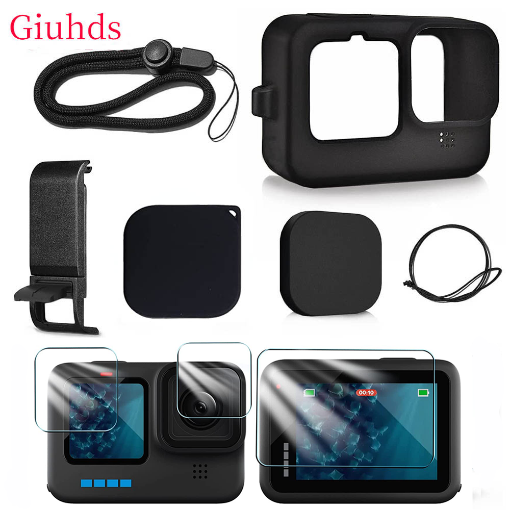 Ốp Lưng Dẻo Silicone Cho GoPro Hero 10 9 Đen Kính Cường Lực Bảo Vệ Màn Hình Màng Bảo Vệ Nắp Ống Kính Cho Go Pro 10 9 Ốp Lưng