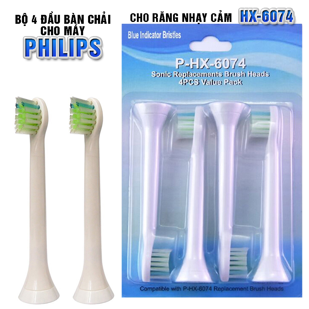 Cho máy Philips Sonicare, Bộ 4 đầu bàn chải đánh răng điện HX-6074, dòng máy HX3, HX6, HX7, HX8, HX9, R, FlexCare +, FlexCare, HealthyWhite, HydroClean, EasyClean, DiamondClean-Cho răng nhạy cảm, mát xa nướu lợi
