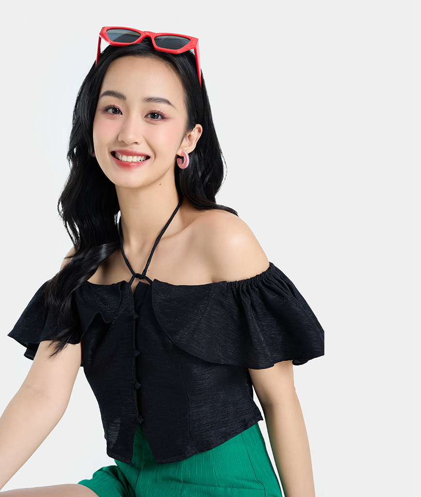 Áo Crop Top Nữ Thời Trang HNOSS Tay Bèo Buộc Nơ HNAKI069