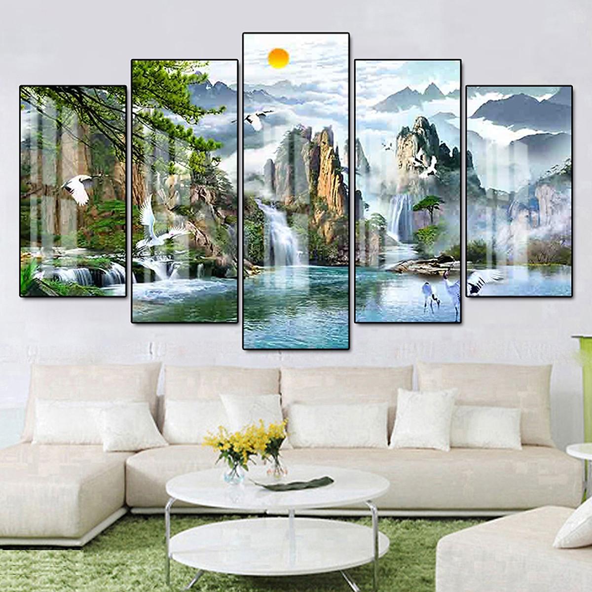 Tranh Tráng Gương Pha Lê Treo Tường Hiện Đại _ Tranh Bộ 5 Phong Cảnh Sơn Thủy Đẹp