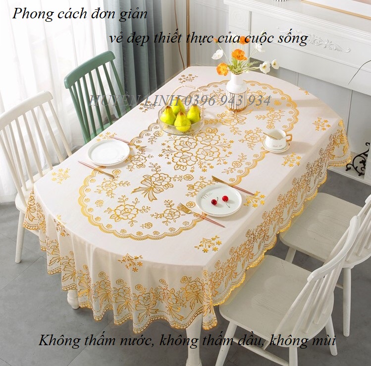 Khăn trải bàn oval 150*230cm ren vàng, khăn trải bàn ăn, khăn trải bàn nhựa