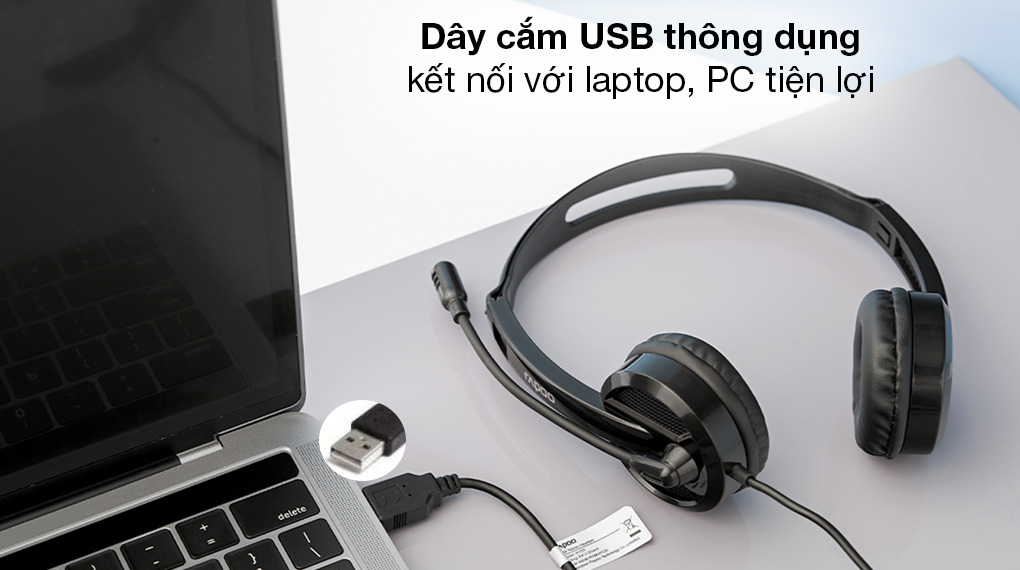 Tai Nghe Tổng Đài Cho PC, Laptop, VOIP Kèm Mic Chống Ồn, Cổng Cắm USB RAPOO H120 - Hàng Chính Hãng