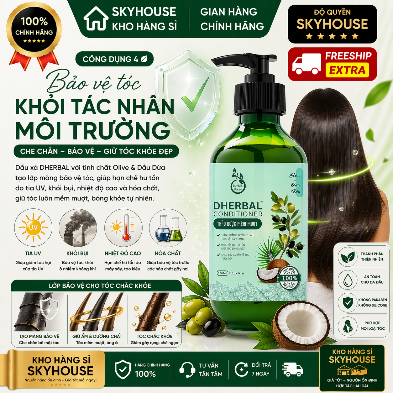 Dầu xả thảo dược thiên nhiên tinh chất olive dầu dừa độc quyền DHERBAL chai 300ml  dầu xả tóc chắc khỏe suôn mượt chính hãng