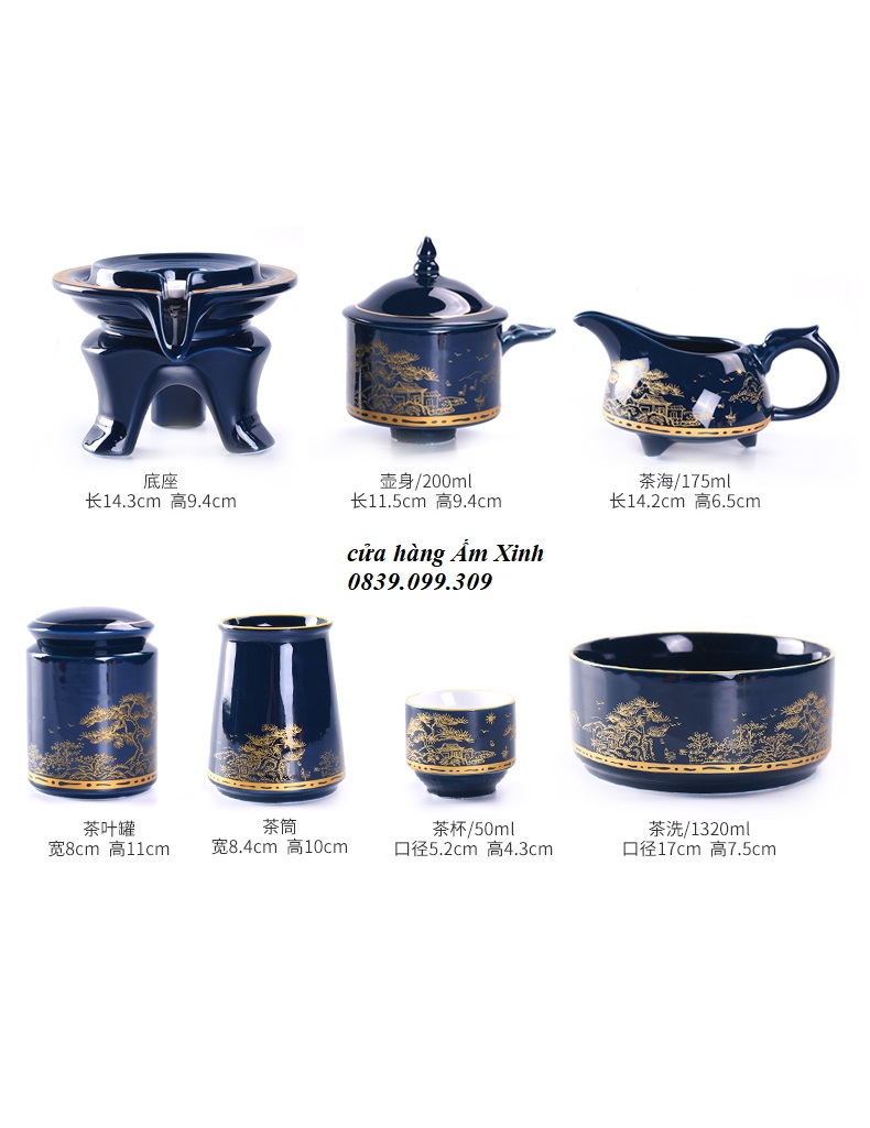 Bộ ấm chén pha trà đạo tự động Kiểu Cối Xay cao cấp vẽ tay họa tiết Sơn Thủy Vàng 24K