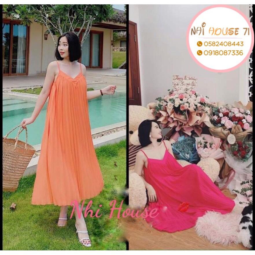 Đầm Maxi Hai Dây Dập Li Rẻ Quạt Vải Chiffon NHIHOUSE71 Freesize Dưới 60kg