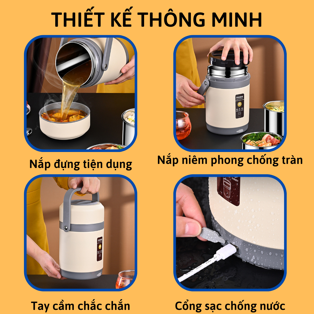 Hộp cơm giữ nhiệt cắm điện dung tích 1.6L CTFAST-A09 : Hộp cơm văn phòng 3 ngăn,  chất liệu inox 304 an toàn, sạc USB làm nóng nhiệt độ ổn định 65 độ C tiện dụng, tặng kèm phụ kiện - Hàng loại 1