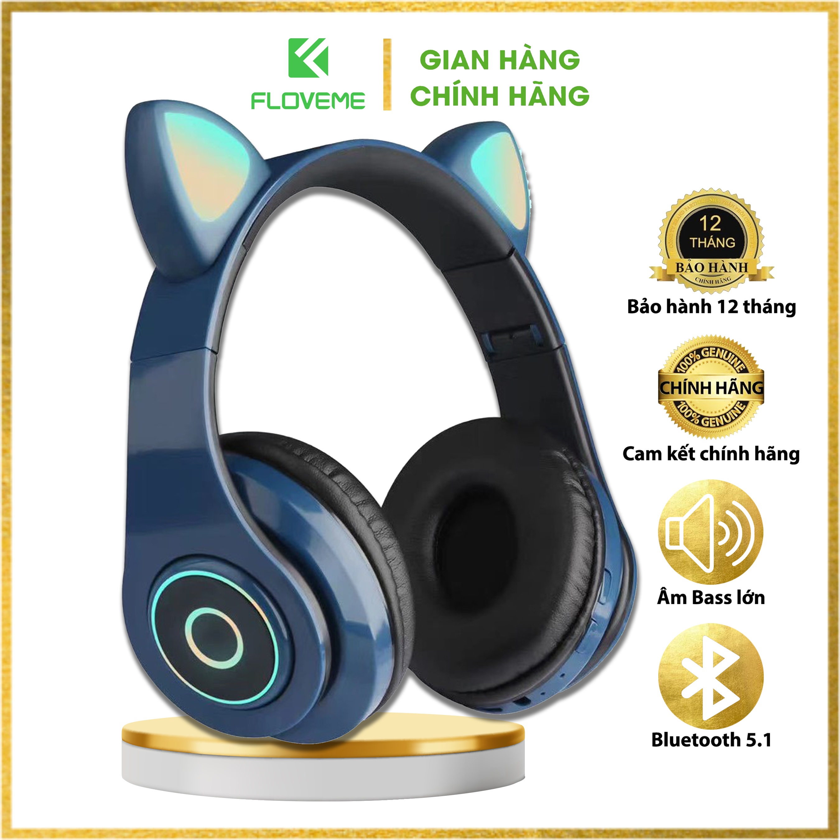 Tai Nghe Chụp Bluetooth Floveme BC3 Tai Mèo không dây Siêu Cute - Tích Hợp Đèn LED 7 Chế Độ Màu Rực Rỡ, Lọc Âm Thanh Ồn - Hàng Chính Hãng