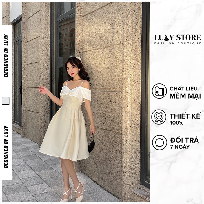 Váy 2 Dây Trễ Vai Luxy V30367, Chất Tafta Phối Vải Đính Cúc, Phong Cách Thanh Lịch