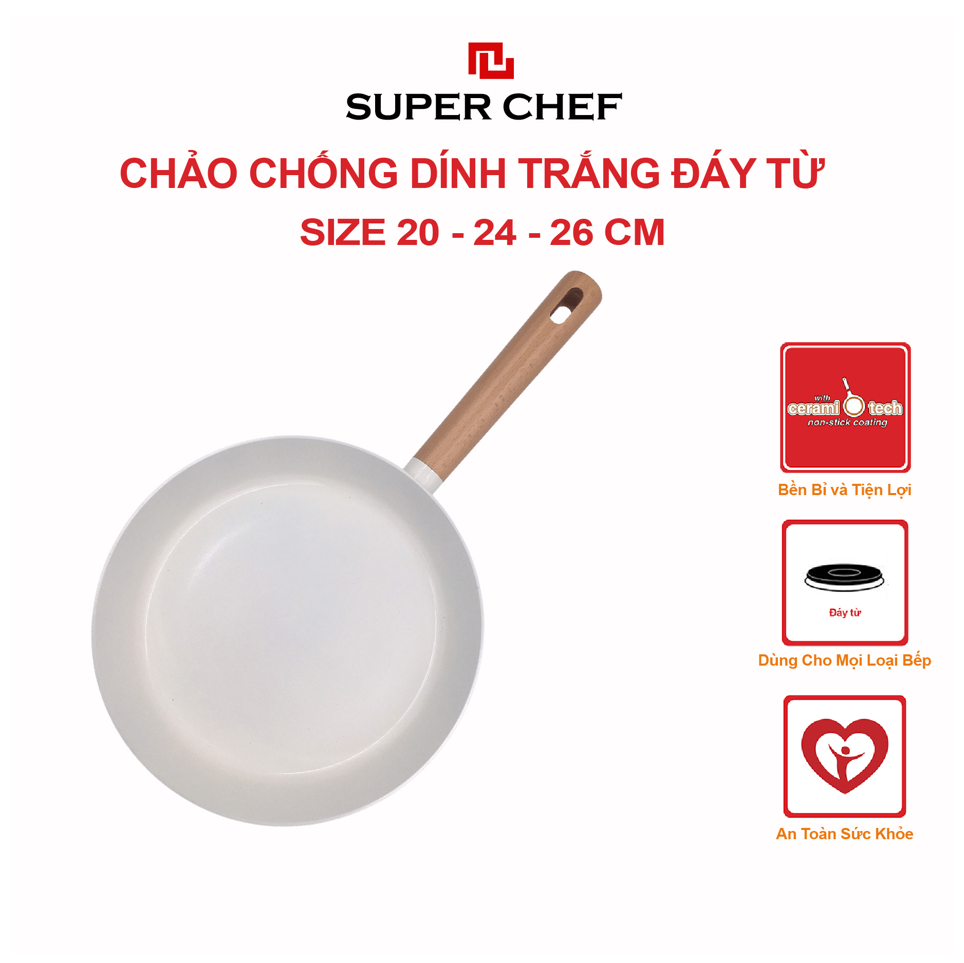 Chảo chiên SUPER CHEF hợp kim tráng men trắng đáy từ bền bỉ, tiện lợi