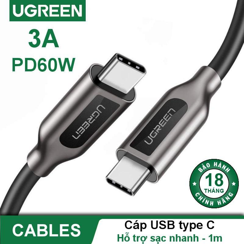 Cáp sạc 2 cổng USB-C hỗ trợ sạc nhanh PD 60W, dài 1m UGREEN US266 50230 dòng tối đa 3.1A - Hàng chính hãng