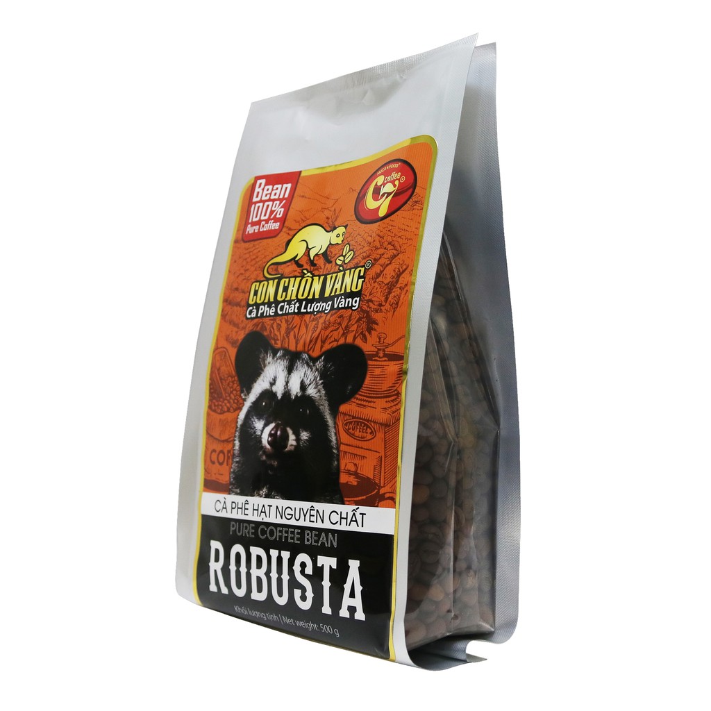 Cà Phê Hạt Robusta Rang Mộc 100% Nguyên Chất Con Chồn Vàng - Túi 500Gr