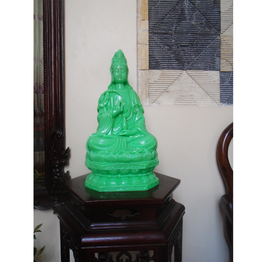 Tượng Phật Bà Quan Âm tọa đài sen đá poly xanh đại cao 40cm - QADX40