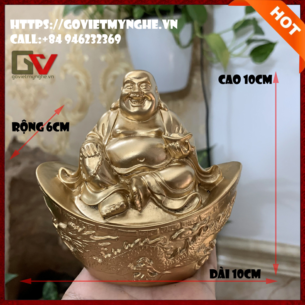 Tượng Phật Di Lặc _ tượng Phật Di Lặc ngồi trên thỏi vàng chạm khắc hình Long &amp;amp; Phụng - Cao 10cm