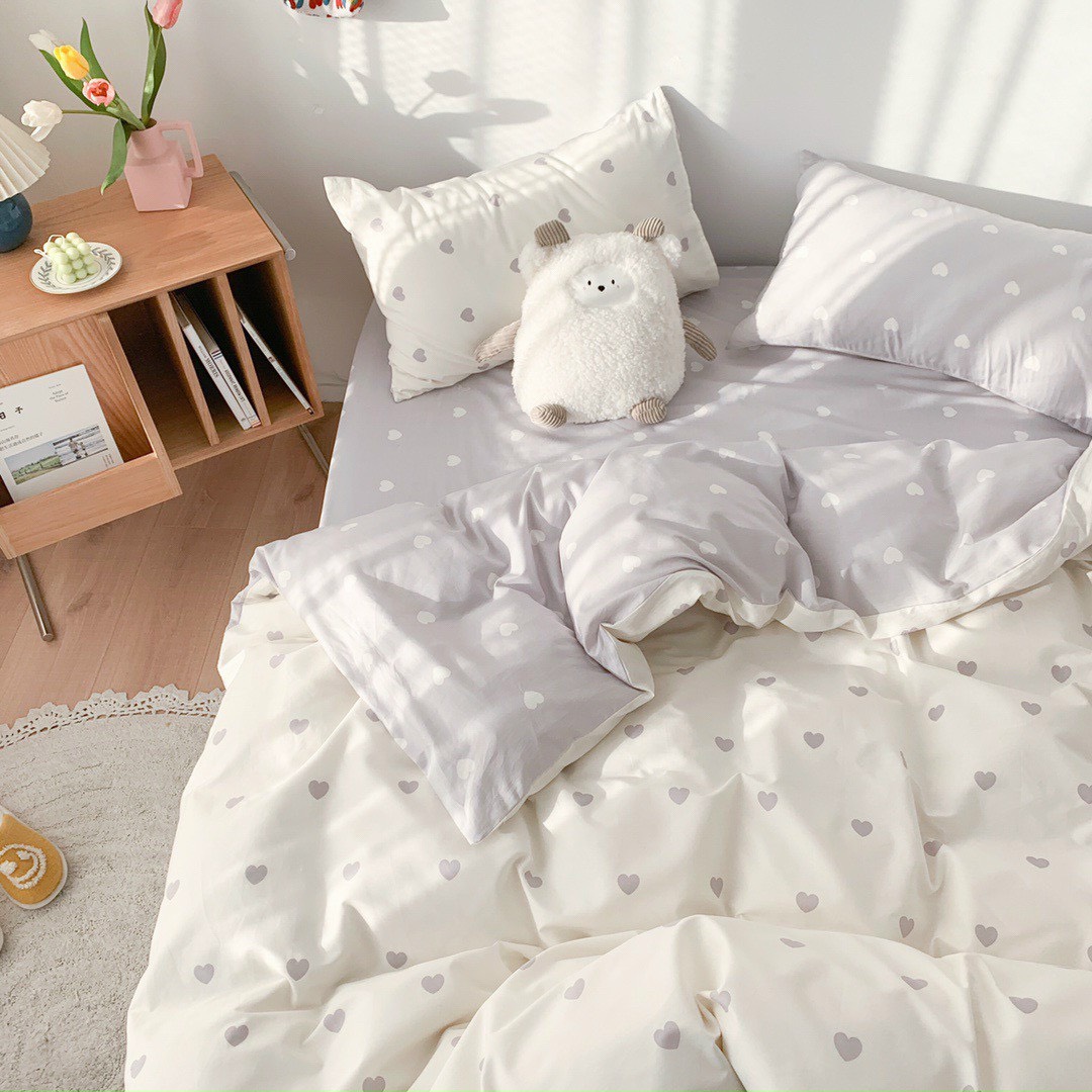 Bộ chăn chần ga gối cotton sử dụng 2 mặt LIDACO SP001450 - Tim xám trắng