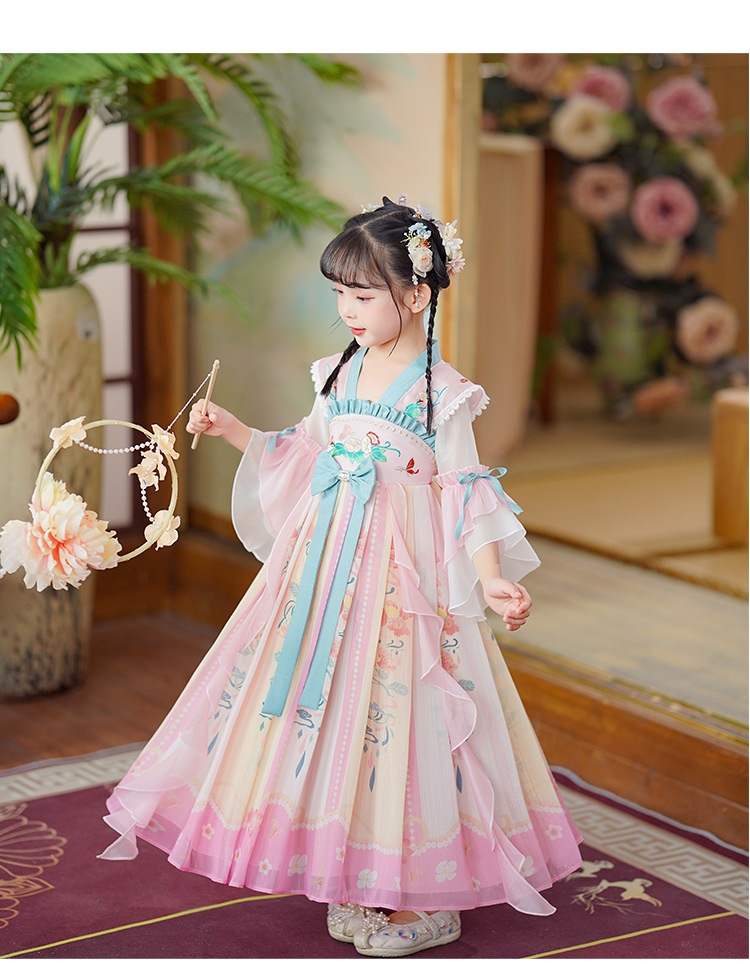 Đầm váy công chúa cổ trang hanfu thêu hoa cho bé gái diện lễ tết trung thu đẹp size 100-160kg hàng Quảng Châu