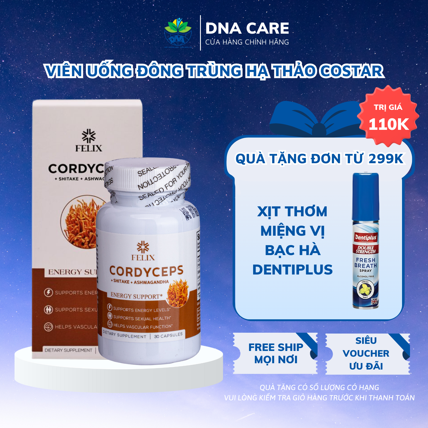 Viên nang đông trùng hạ thảo Cordyceps Mỹ Felix hộp 30/100 viên