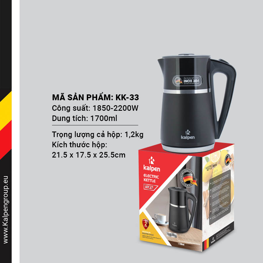 Ấm đun nước siêu tốc 3 lớp Inox 304 Kalpen KK33 dung tích 1.7L công suất 2200W - Hàng chính hãng