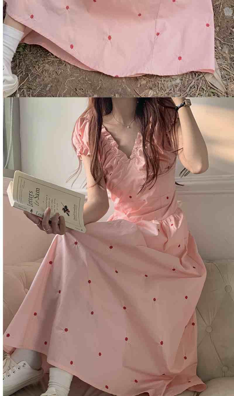 SHUANGYAN Váy ngắn tay nhẹ nhàng cho phụ nữ mùa hè 2023 ngọt ngào và cay thiết kế cảm giác V-neck nếp gấp thắt lưng váy dài