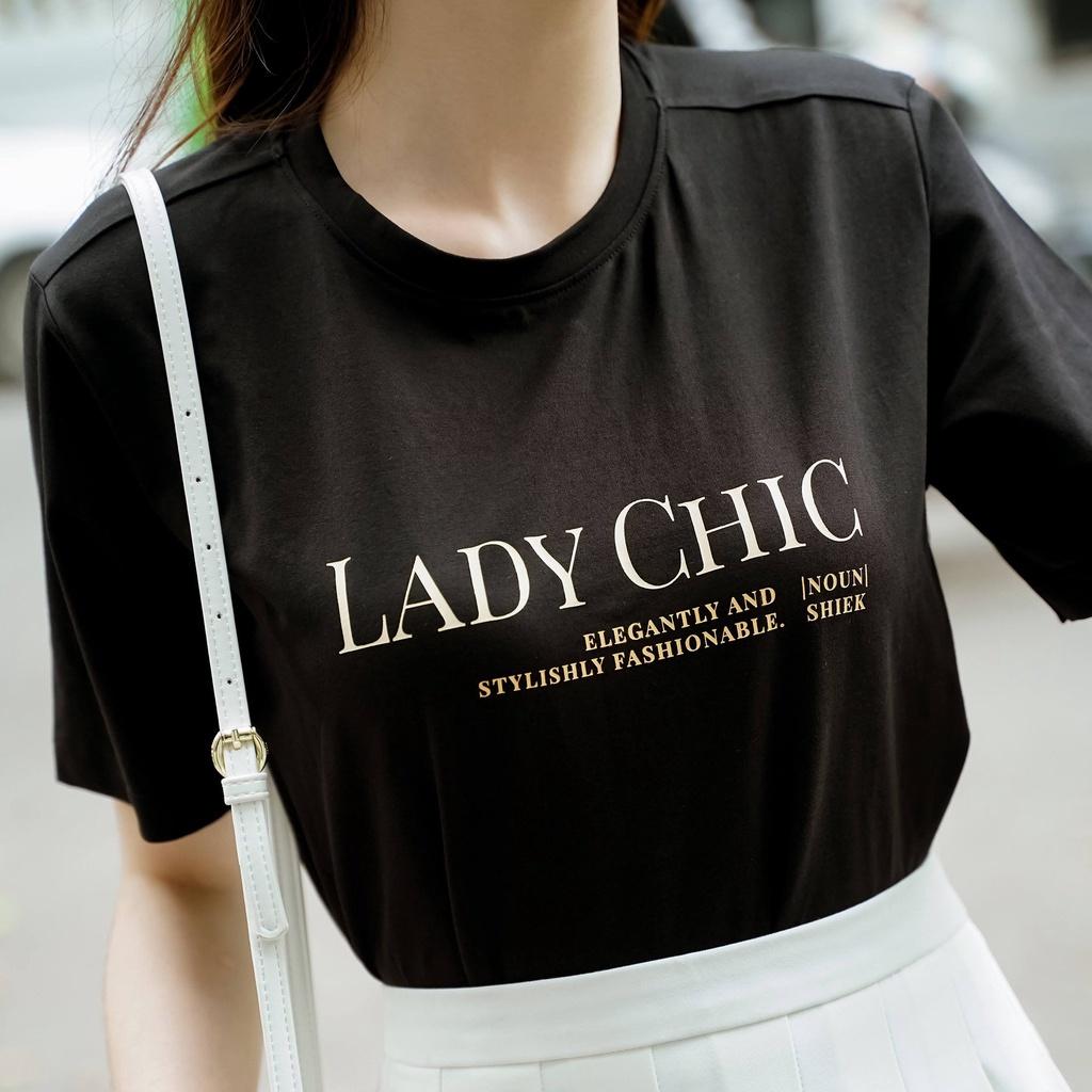 Áo thun tay lỡ Méo shop cổ tròn cotton in chữ Lady Chic freesize form rộng