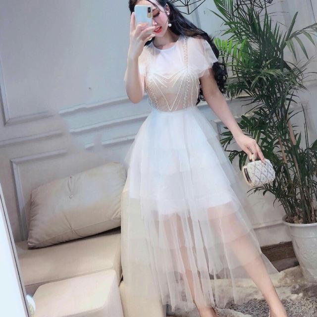Đầm xoè phồng công chúa xếp tầng kết cườm SANG TRỌNG - Size S/M/L đến 58kgMM MM