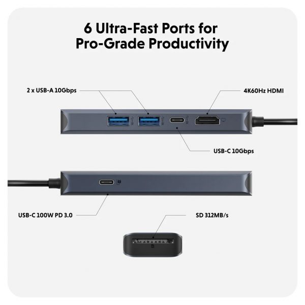 HUB chuyển đổi HyperDrive Next 6 IN 1 Port USB-C Hub - Truyền tải dữ liệu nhanh, hỗ trợ màn hình 4K60Hz - HD4002GL - Hàng Chính Hãng