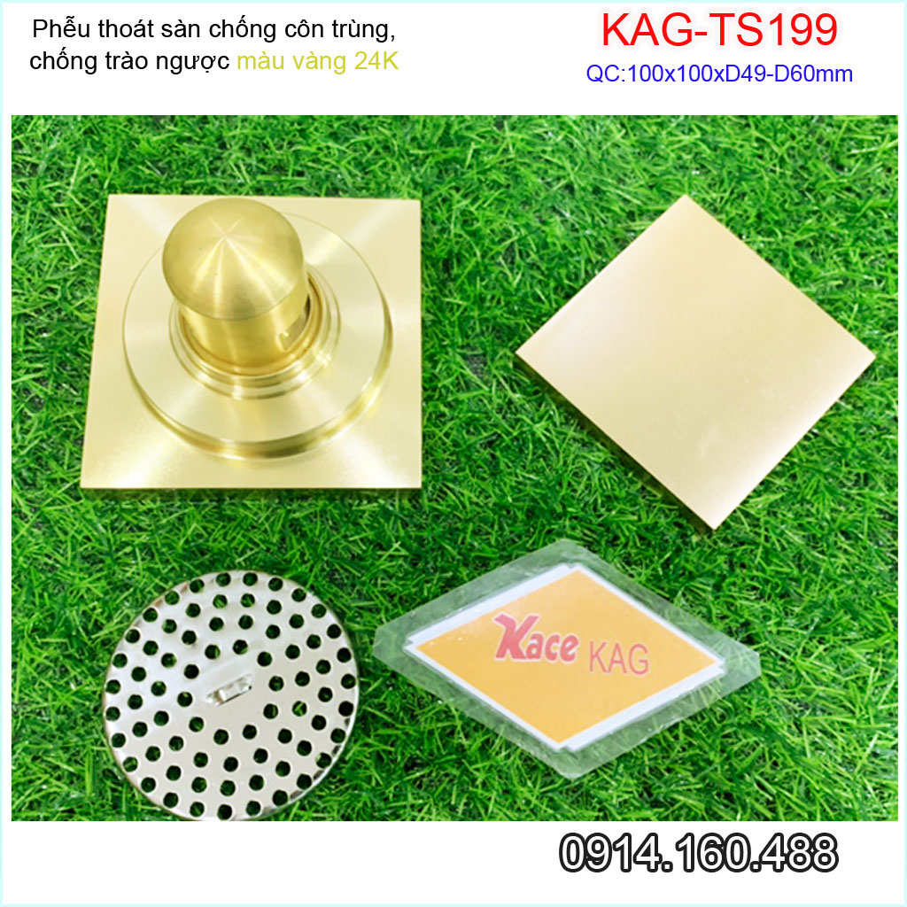 Thoát sàn vàng 24K KAG-TS199 vuông 10x10cm ống D49-60-90, thoát sàn chống hôi phễu thu nước mặt vàng óng ánh thiết kế sang trọng sử dụng tốt