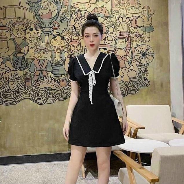 Gunkaymatter Đầm Xòe Tay Ngắn Cổ V Chạy Viền ,Có Nơ Dễ Thương Sang Chảnh,Chất Liệu Kate
