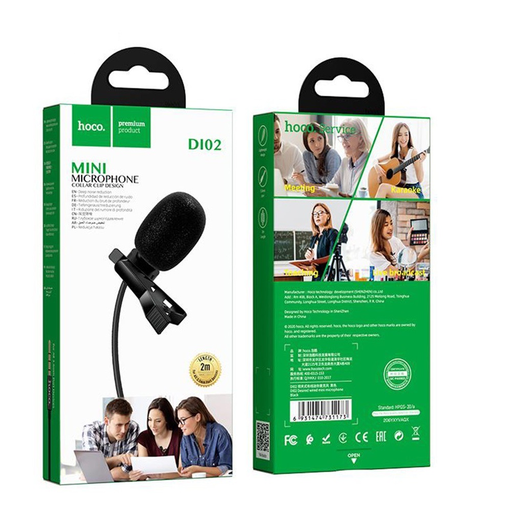 Microphone mini kẹp áo jack 3.5mm Hoco DI02 màng lọc âm khử tiếng ồn , thu âm nhạy dây dài 2m - Hàng chính hãng