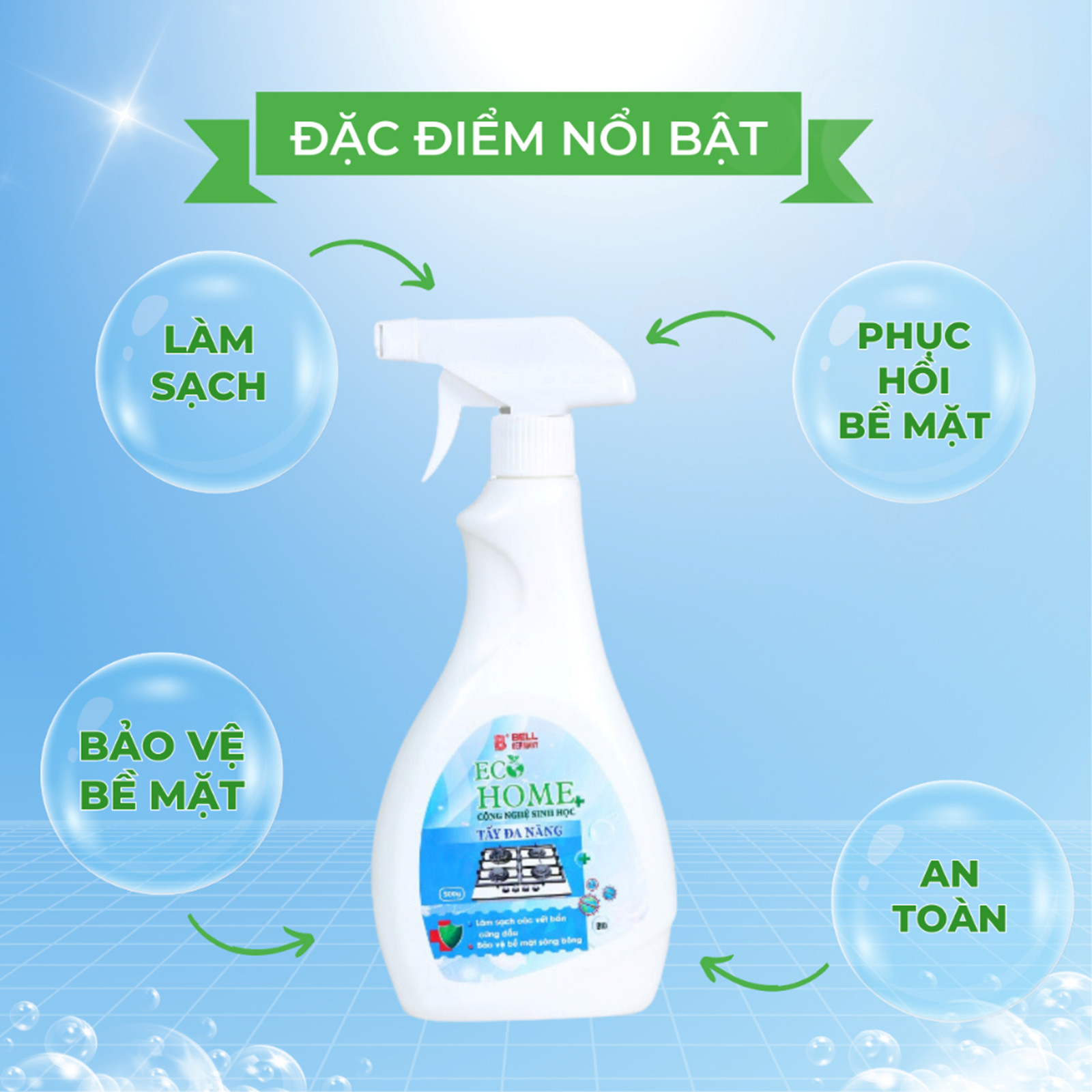 Xịt Tẩy Đa Năng Công Nghệ Sinh Học ECOHOME 500ML Tẩy Cặn Canxi, Tẩy Kính, Vòi Sen, Bồn Sứ, Chậu Tắm, Gạch Men, Gương Soi