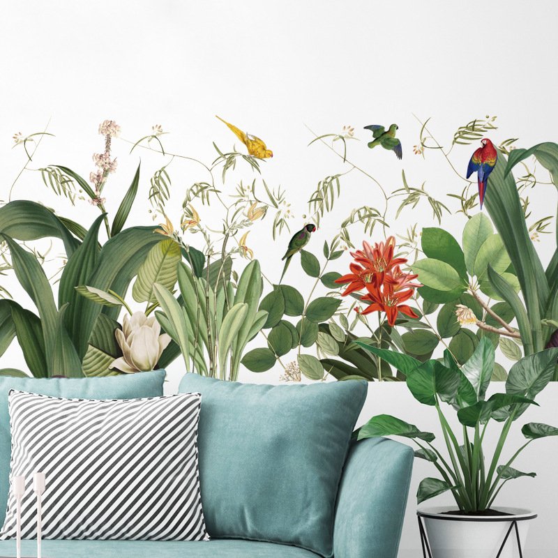 Decal dán tường vườn cây hoa lá chim vẹt đùa vui