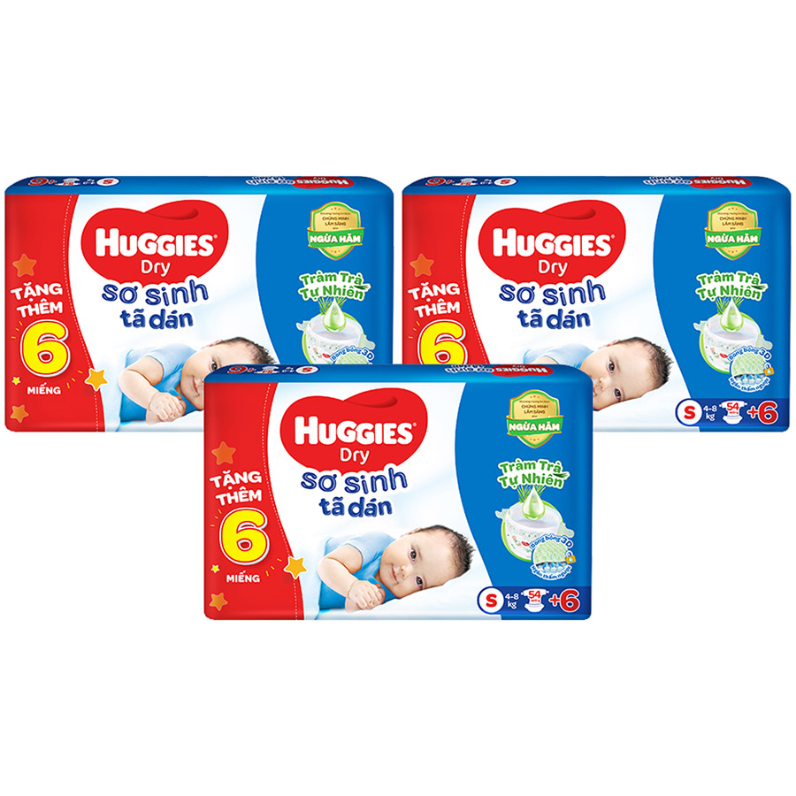 Thùng 3 tã dán sơ sinh Huggies mới S54 (4kg-8kg) - Gói 54 miếng Tràm Trà + Tặng 6 miếng