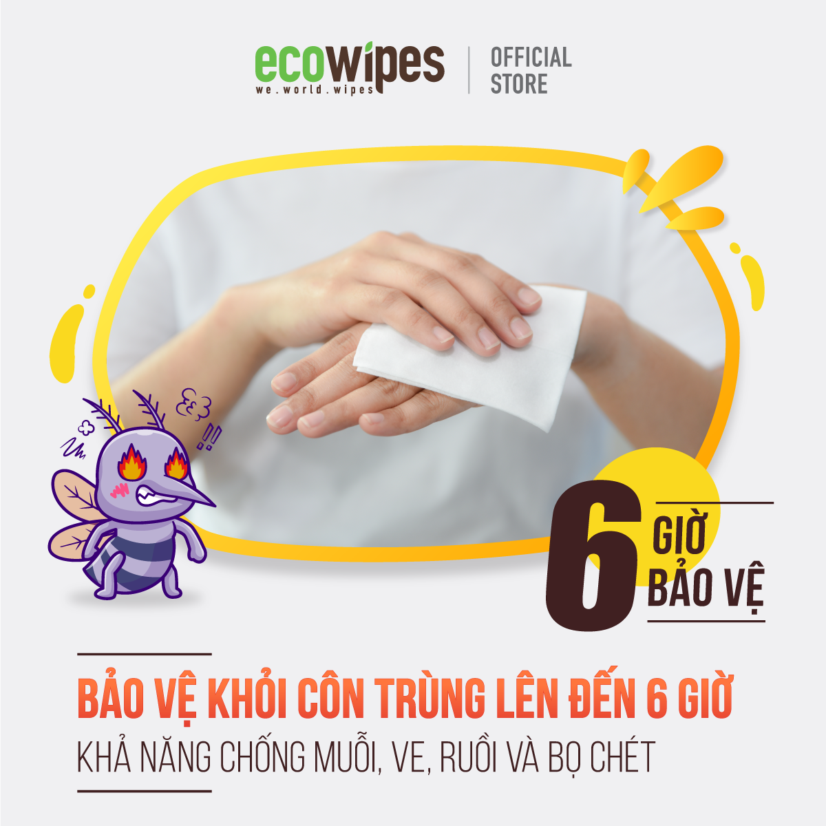 Combo 3 Khăn ướt đuổi muỗi EcoWipes gói 10 tờ 15x20 an toàn cho bé từ 6 tháng tuổi bảo vệ lên đến 8 giờ