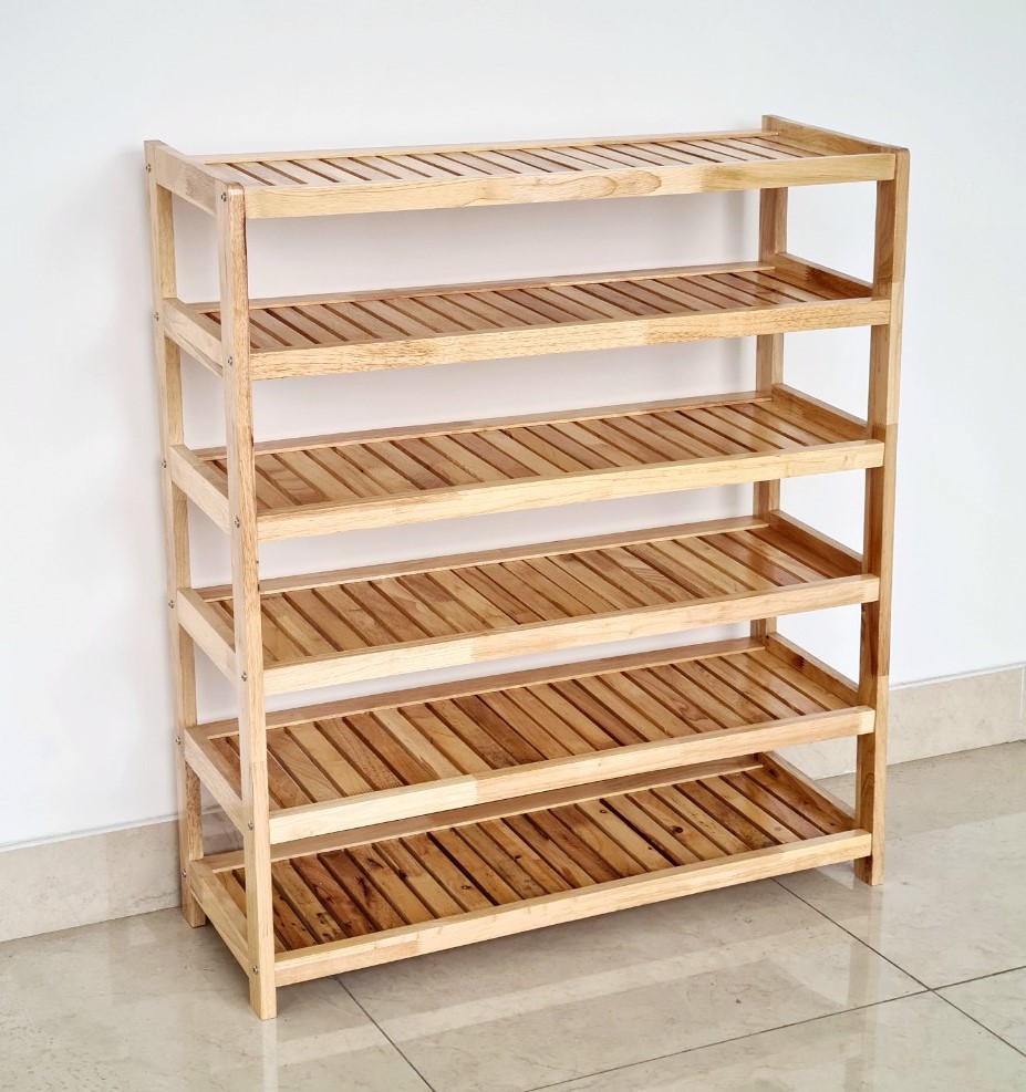 Kệ Giày Gỗ Cao Su 6 Tầng Ngang 83cm Nan Nghiêng - Hàng VN Xuất Khẩu
